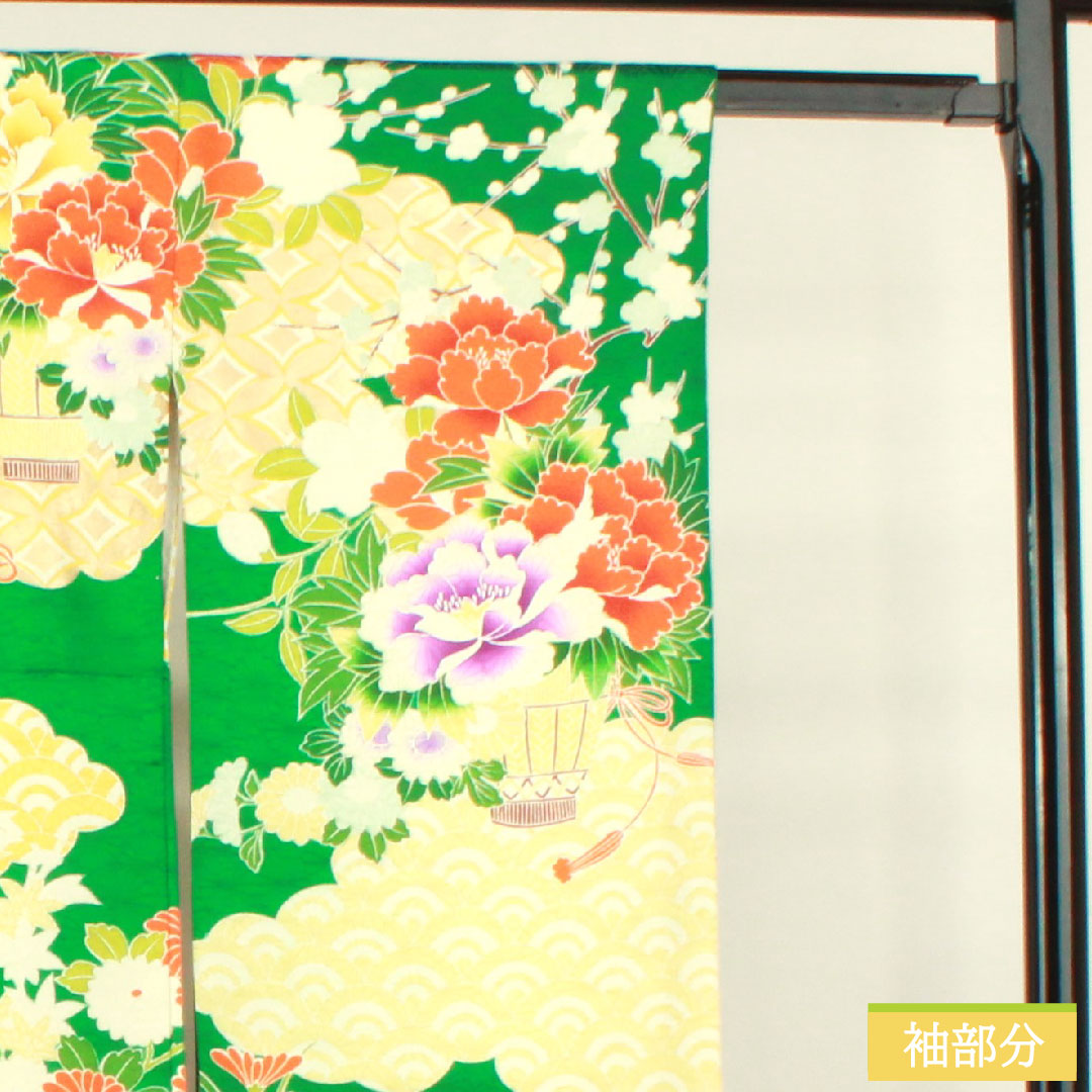 振袖 正絹 身丈161.5cm 裄丈65cm 袷 濡葉色 京友禅 吉祥文様 Aランク 緑系 1113001973419
