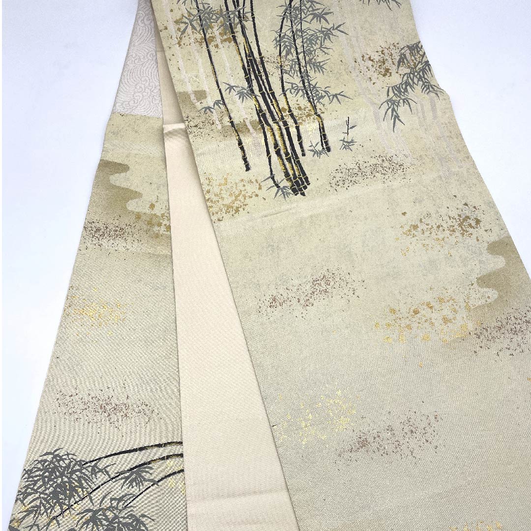 袋帯 象牙色(ぞうげいろ) 真珠箔 竹林 浅山織物 帯丈432cm 正絹 Aランク ポイント柄 フォーマル クリーム系 1123006123315