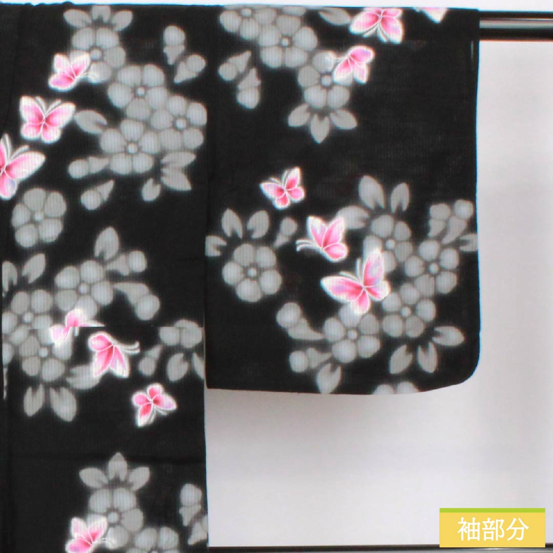 Cotton Yukata, Length 158.5cm, Sleeve Length 64.5cm, S Rank, Single Layer, Black, Butterfly and Flower Design, 1118006152310