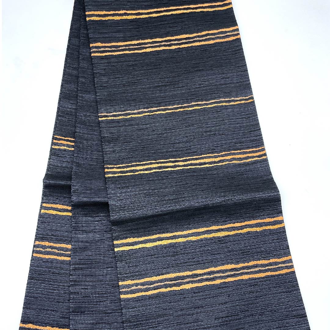 袋帯 黒色 横段 帯丈446cm 正絹 Sランク 六通 カジュアル 黒系 1123007802310