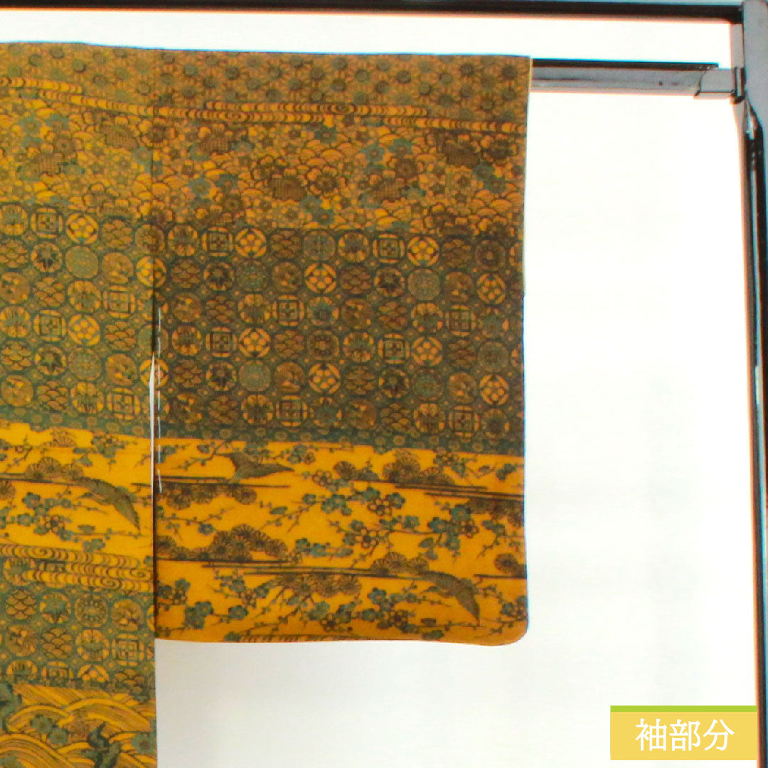 小紋 正絹 身丈161.5cm 裄丈65cm 袷 黄橡色(きつるばみいろ) 型染 吉祥文様 Sランク 黄系 1115004192423