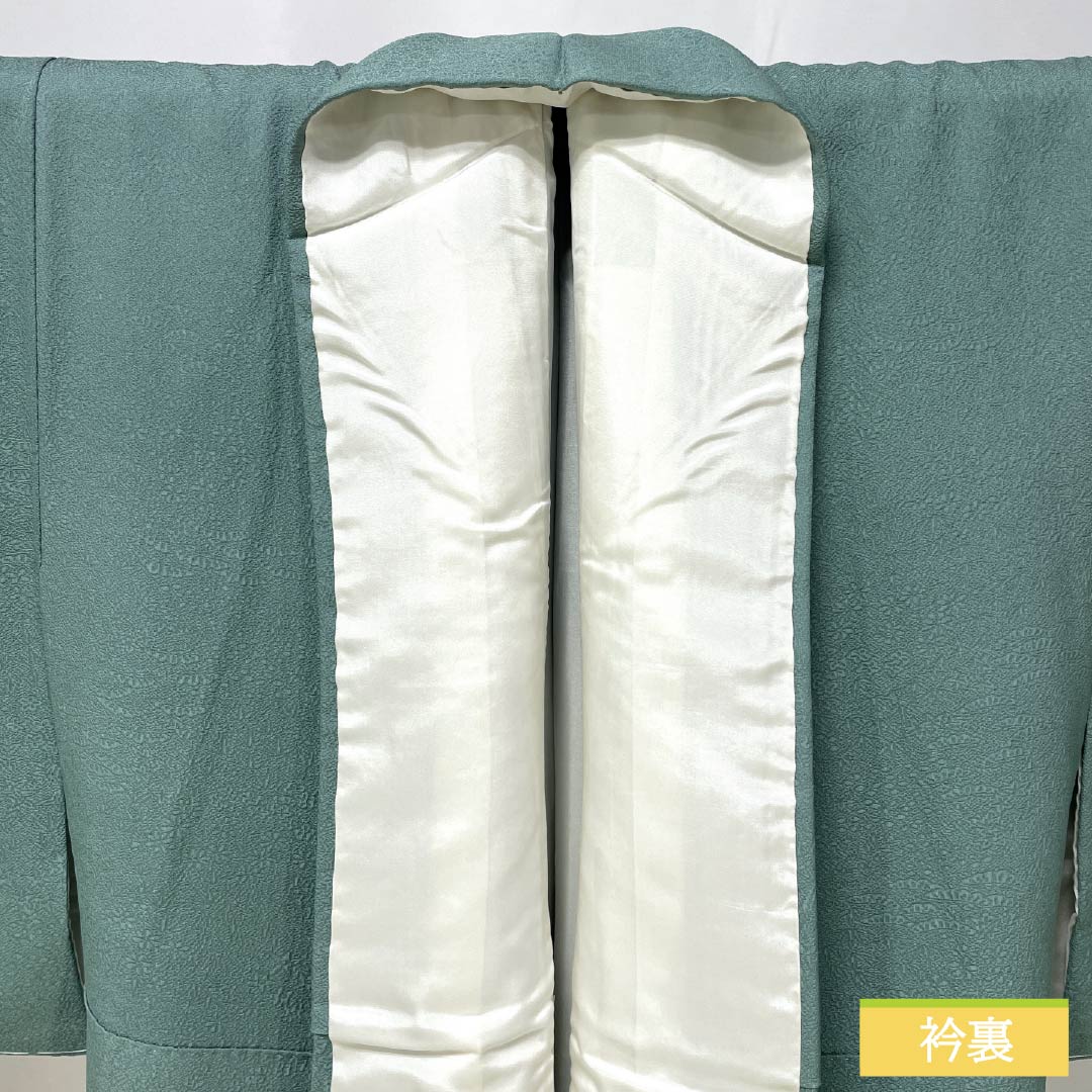 色無地 正絹 Aランク 身丈150.5cm 裄丈63cm 花緑青色(はなろくしょういろ) 紋意匠 百貫達夫 一つ紋 袷 水色系 1114003203124