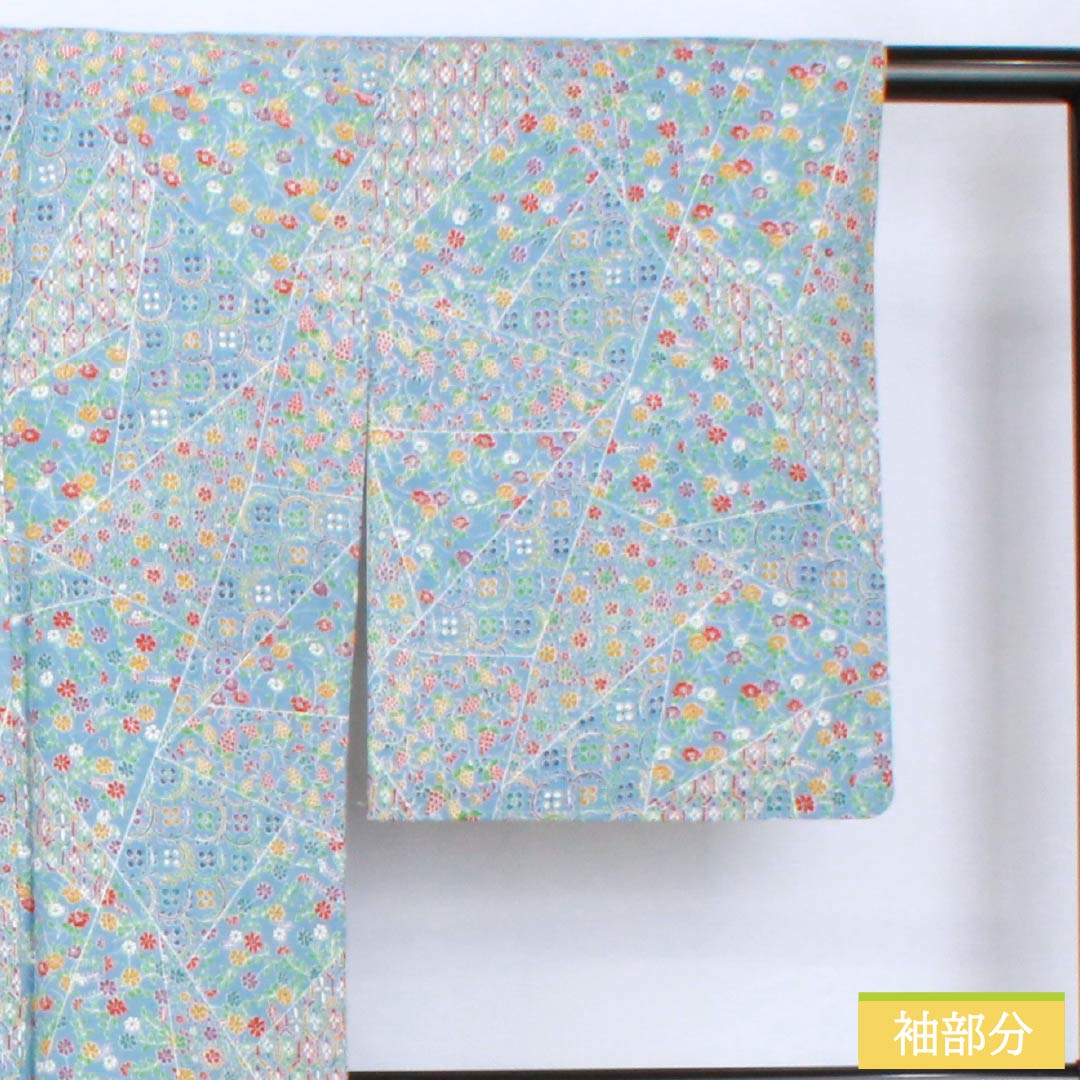 小紋 正絹 身丈164cm 裄丈63.5cm 袷 空色(そらいろ) 型染 割付 しつけ糸付き Sランク 水色系 1115005832424