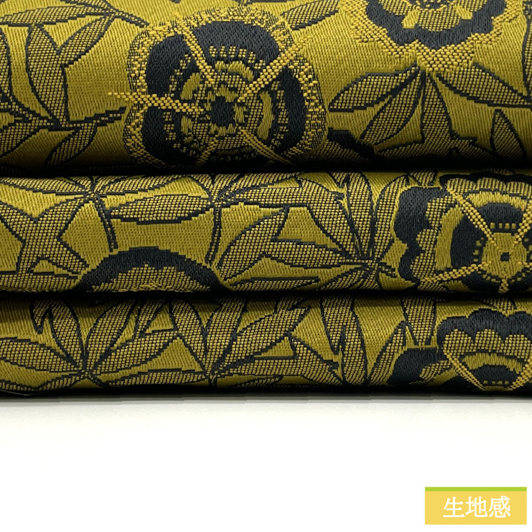 (新品)半幅帯 ポリエステル NEWランク 菜種油色(なたねあぶらいろ) 東京白茶色(とうきょうしらちゃいろ) 花柄 横段 リバーシブル 帯丈400cm 緑系 1125002531419