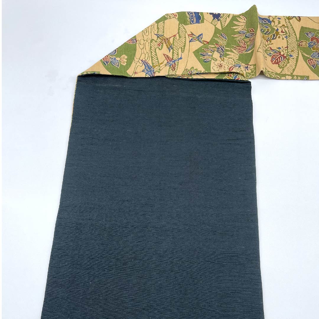 名古屋帯 薄柿色 古典柄 扇面に松竹梅 鳥 蝶 帯丈382cm 正絹 Aランク 全通 カジュアル ベージュ系 1124004613325 名古屋仕立て