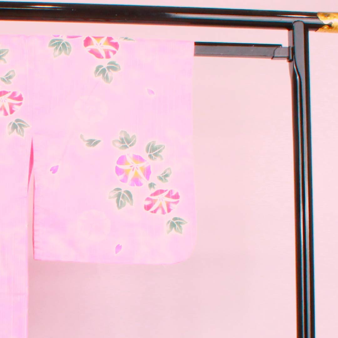 浴衣 洎夫藍色 浅紅色 朝顔 銀糸 木綿 Sランク 単衣 身丈162cm 裄丈64cm ピンク系 1118004252413