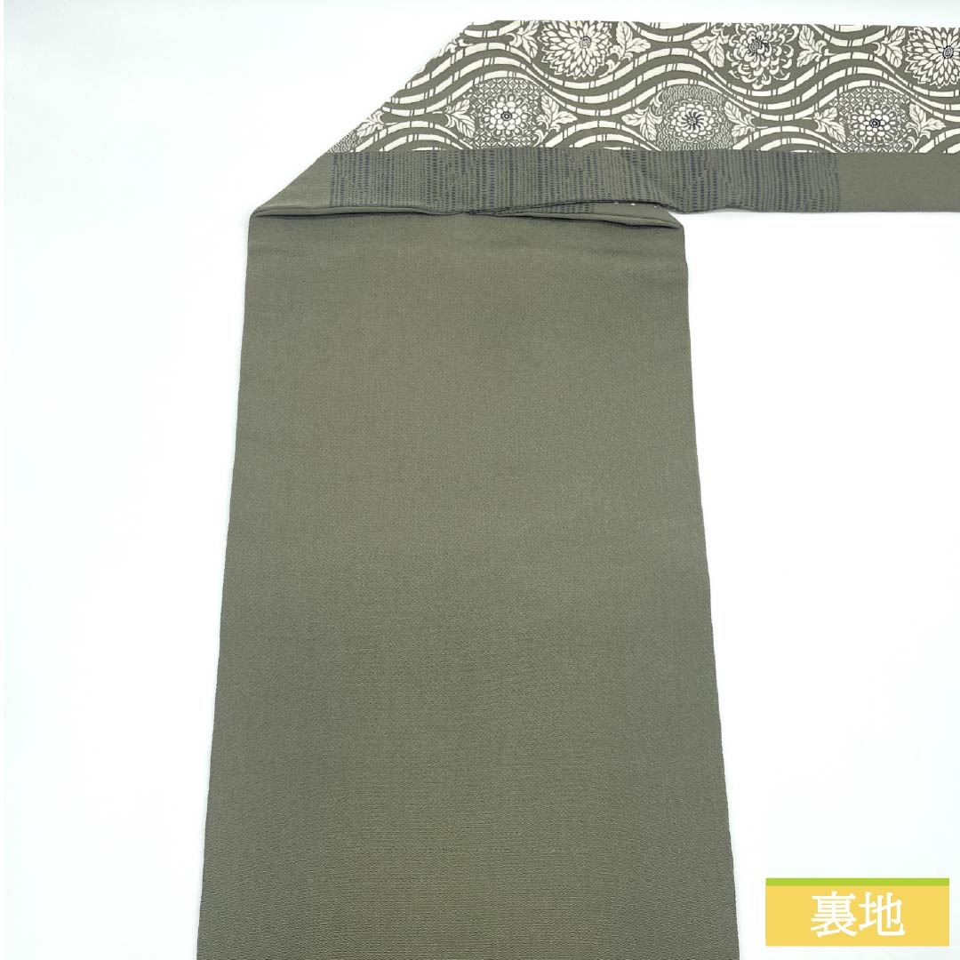 名古屋帯 正絹 Aランク 浮草鼠色(うきくさねずいろ) 型染 立涌 菊 帯丈368cm 全通 カジュアル 緑系 1124009683319 名古屋仕立て