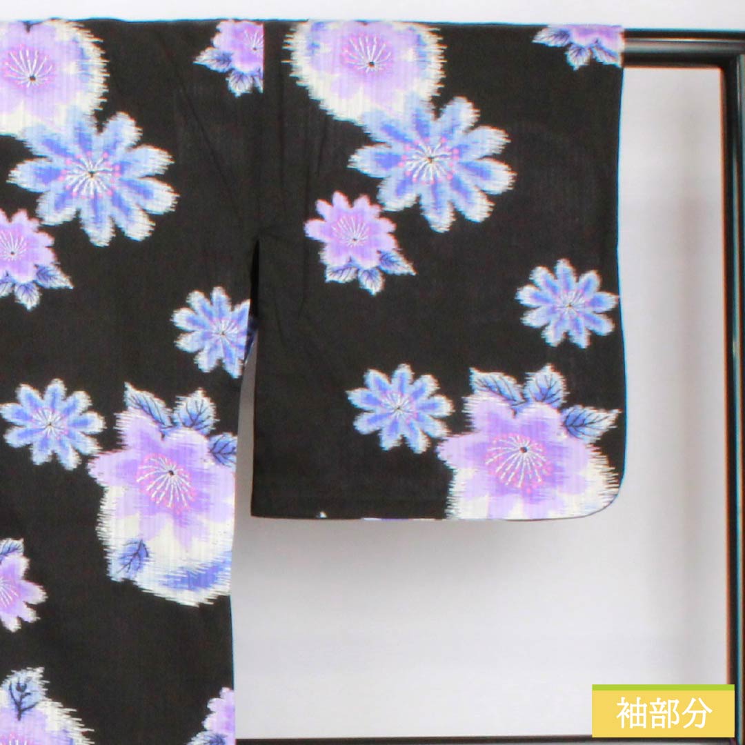 Cotton Yukata, Length 164.5cm, Sleeve Length 66.5cm, S Rank, Single Layer, Black, Abstract Floral Design, 1118005942410