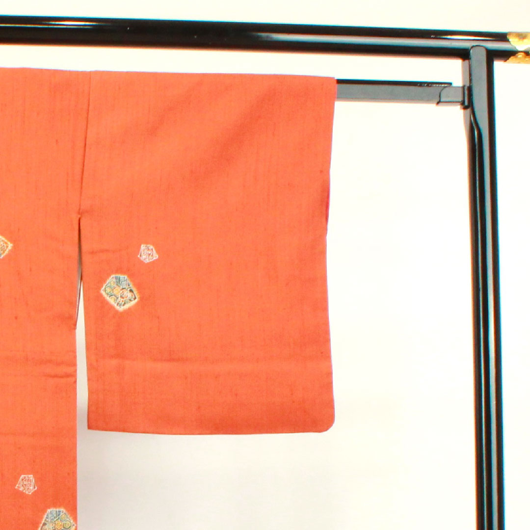 Tsumugi, Length 157cm, Sleeve length 65cm, Orange, Abstract pattern, Pure silk, S rank, Lined, Brown, 1116002802314