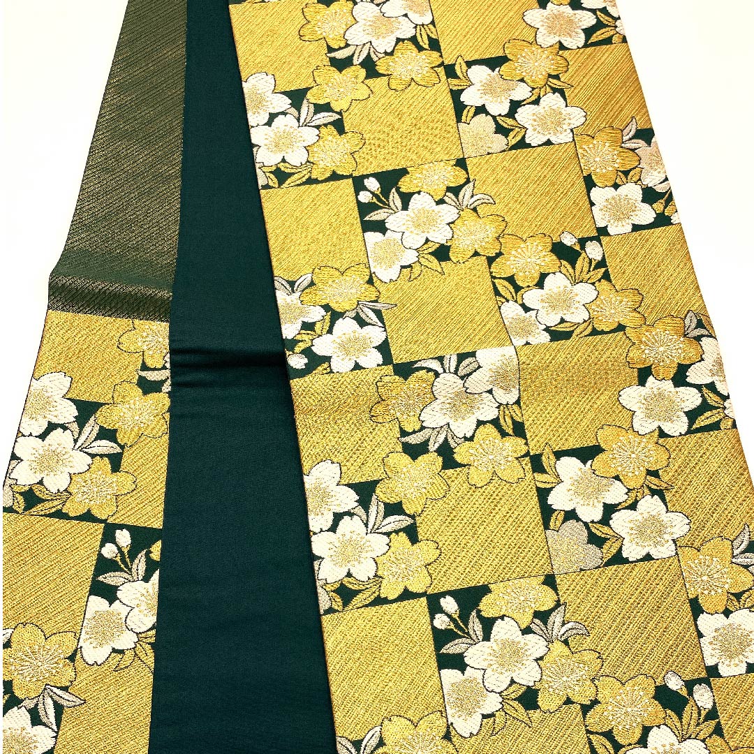 袋帯 琉璃色(リューリースーいろ 桜 市松 帯丈456cm 正絹 Aランク 六通 フォーマル 金系 1123007153421