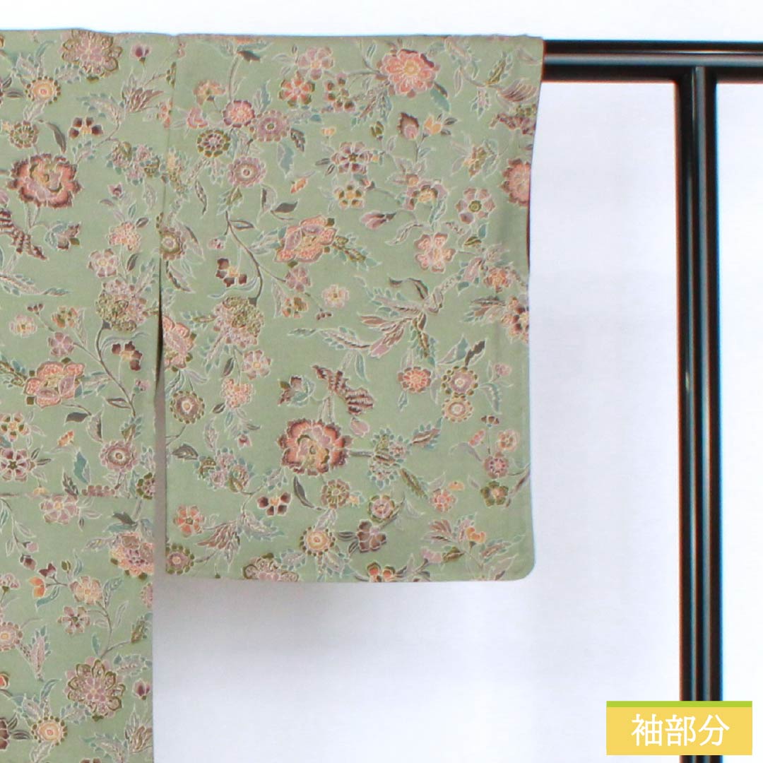 小紋 正絹 Sランク 身丈156.5cm 裄丈63cm 袷 利休鼠色(りきゅうねずみいろ) 更紗 緑系 1115007162319