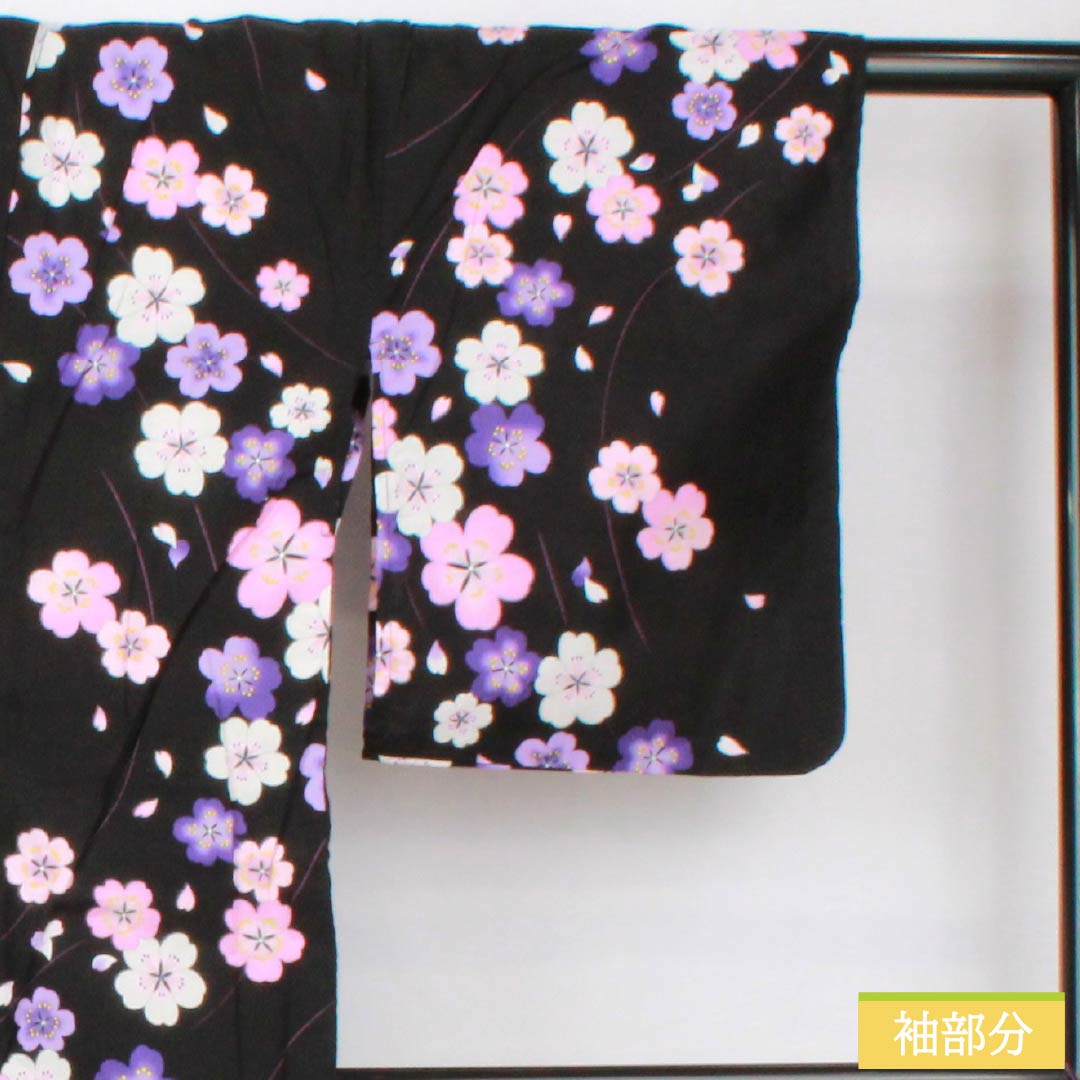 Cotton Yukata, Length 166.5cm, Sleeve Length 62.5cm, S Rank, Single Layer, Black, Cherry Blossom Design, 1118005932510