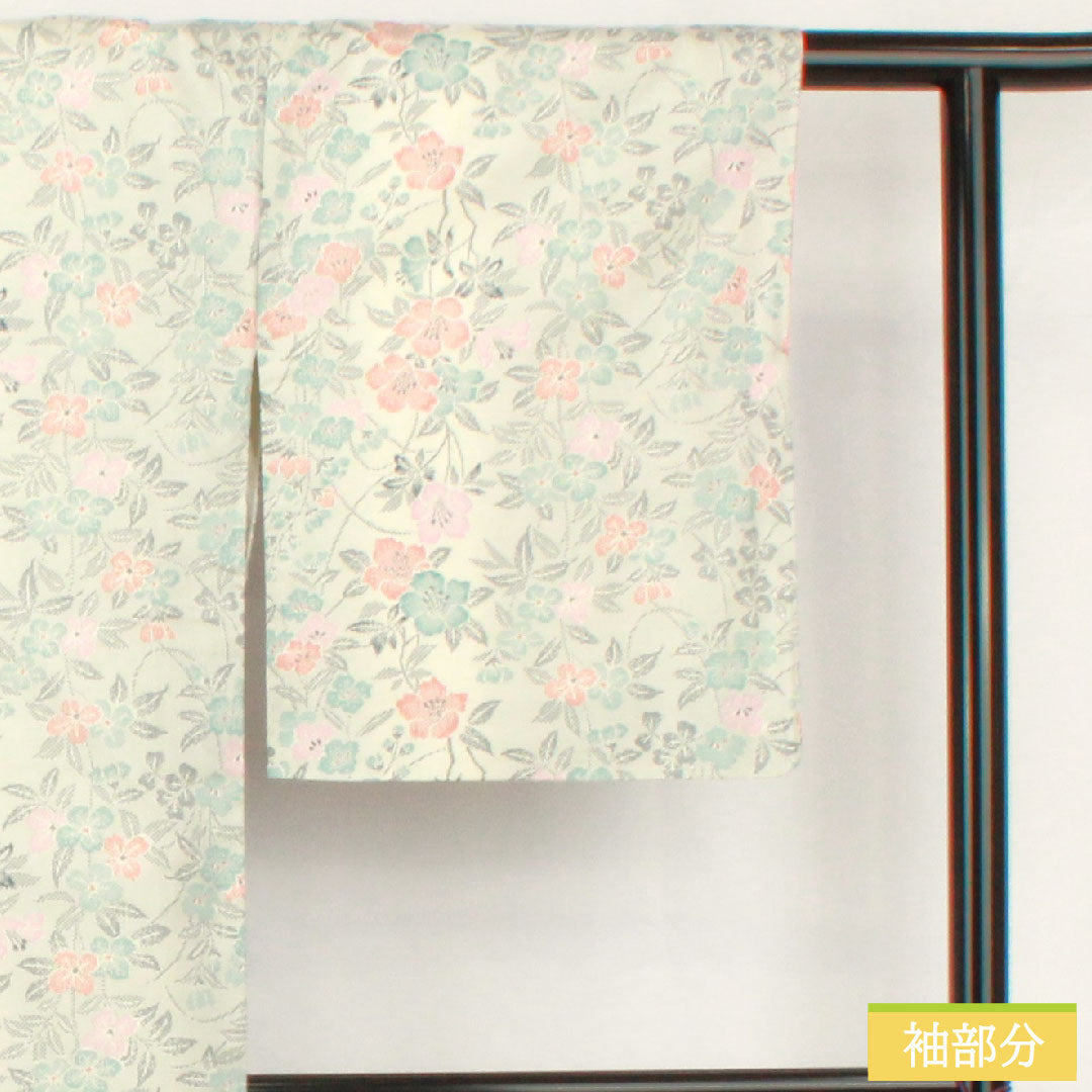 小紋 ポリエステル 身丈165cm 裄丈66cm 袷 胡粉色(ごふんいろ) 洗える着物 草花模様 Aランク グレー系 1115004513522