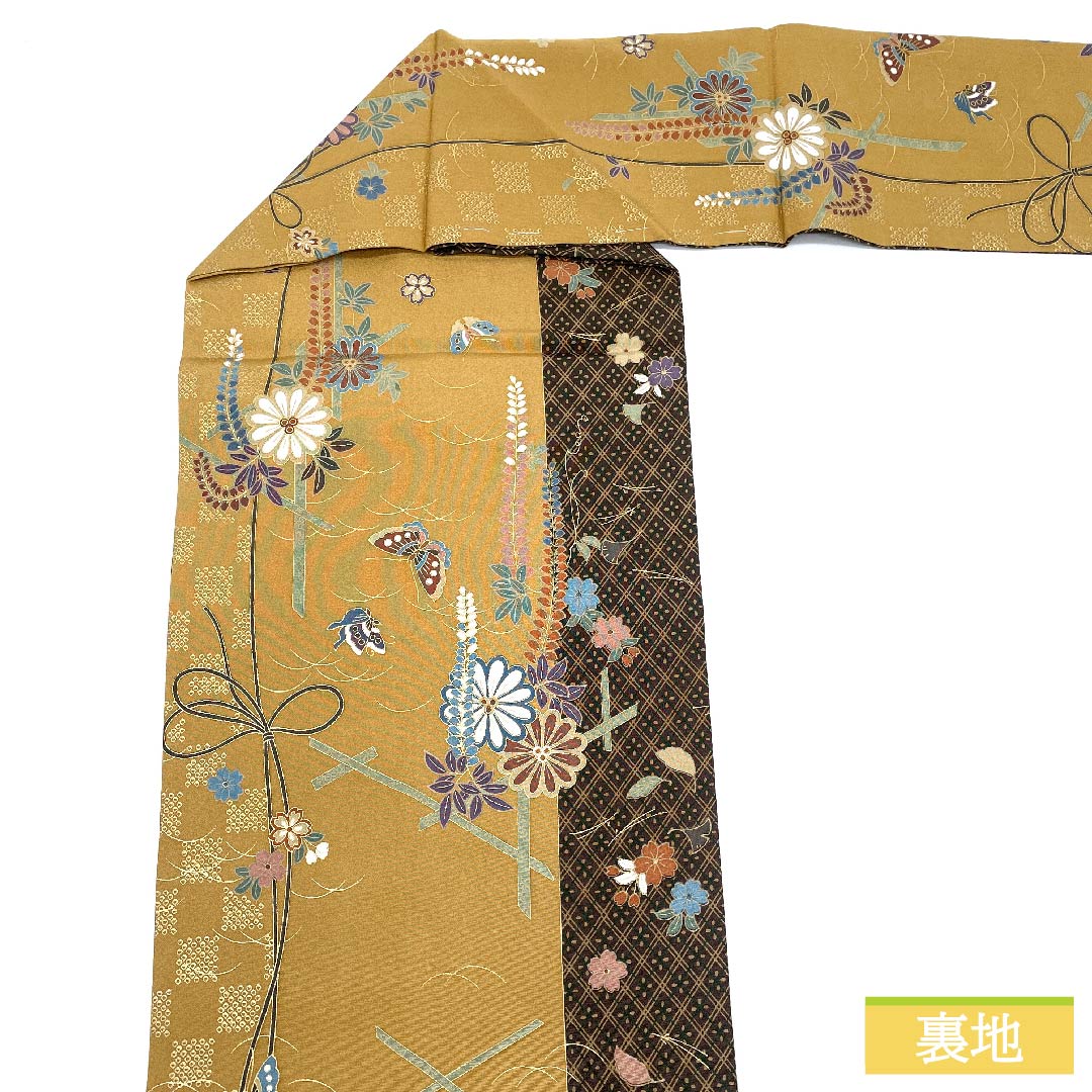 名古屋帯 山吹鼠色(やまぶきねずいろ) 菊 藤の花 蝶 帯丈372cm 正絹 Sランク 全通 セミフォーマル ベージュ系 1124006522325 名古屋仕立て