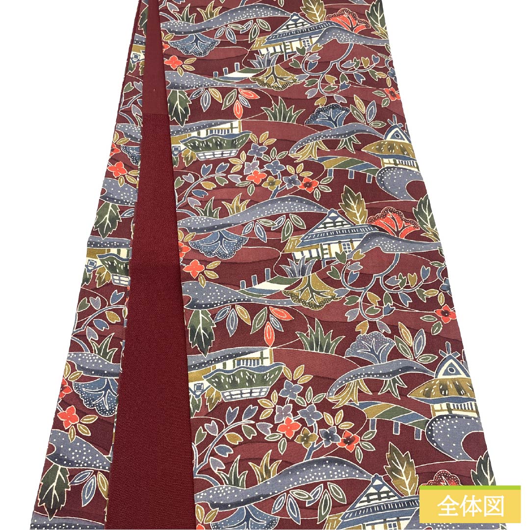 Nagoya Obi Silk S Rank Shitan (dark reddish-brown) Stenciled Landscape Pattern Chirimen Fabric Obi Length 398cm All-Over Casual Brown 1124011552414 Open-Ended