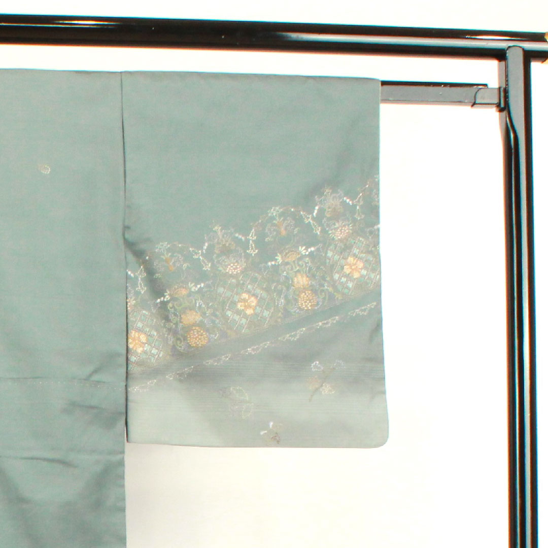 訪問着 正絹 袷 身丈162cm 裄丈65cm 灰青色 蘇州刺繡 紬地 抽象模様 Aランク グレー系 1112002813422