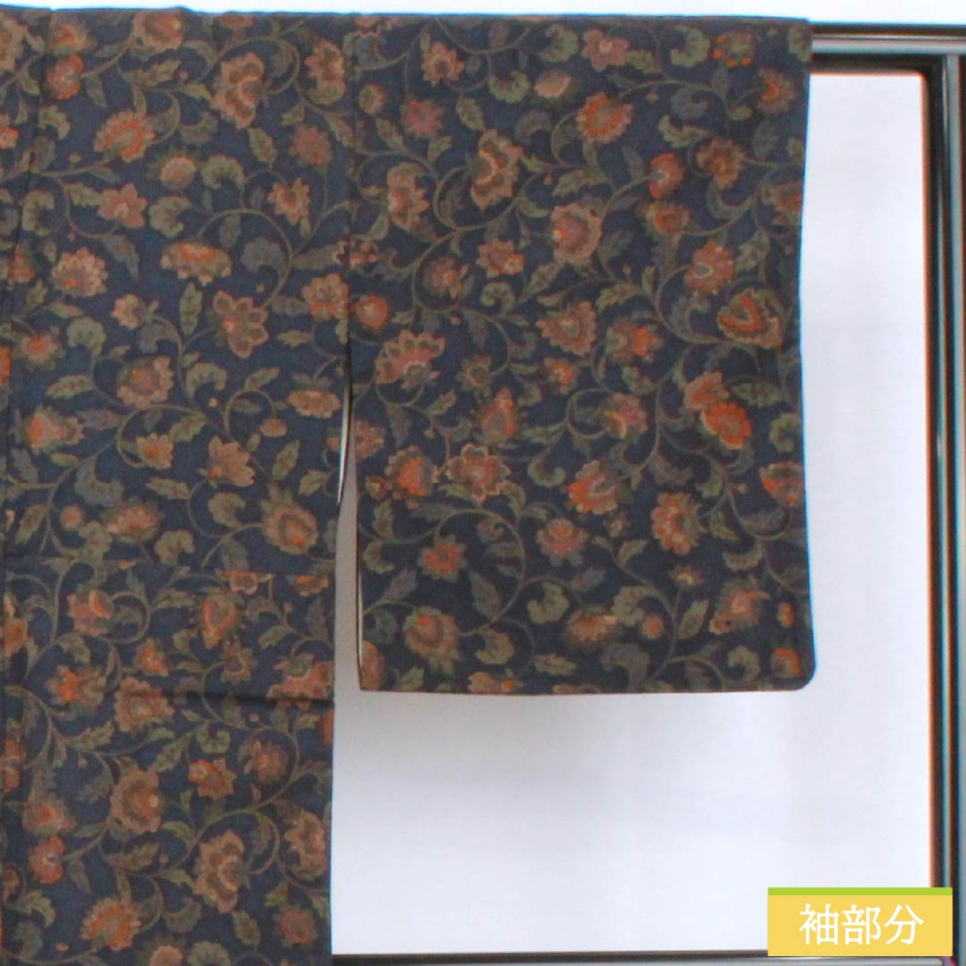 小紋 正絹 身丈160cm 裄丈63cm 袷 濃紺色(のうこんいろ) 更紗模様 Sランク 紺系 1115005282418