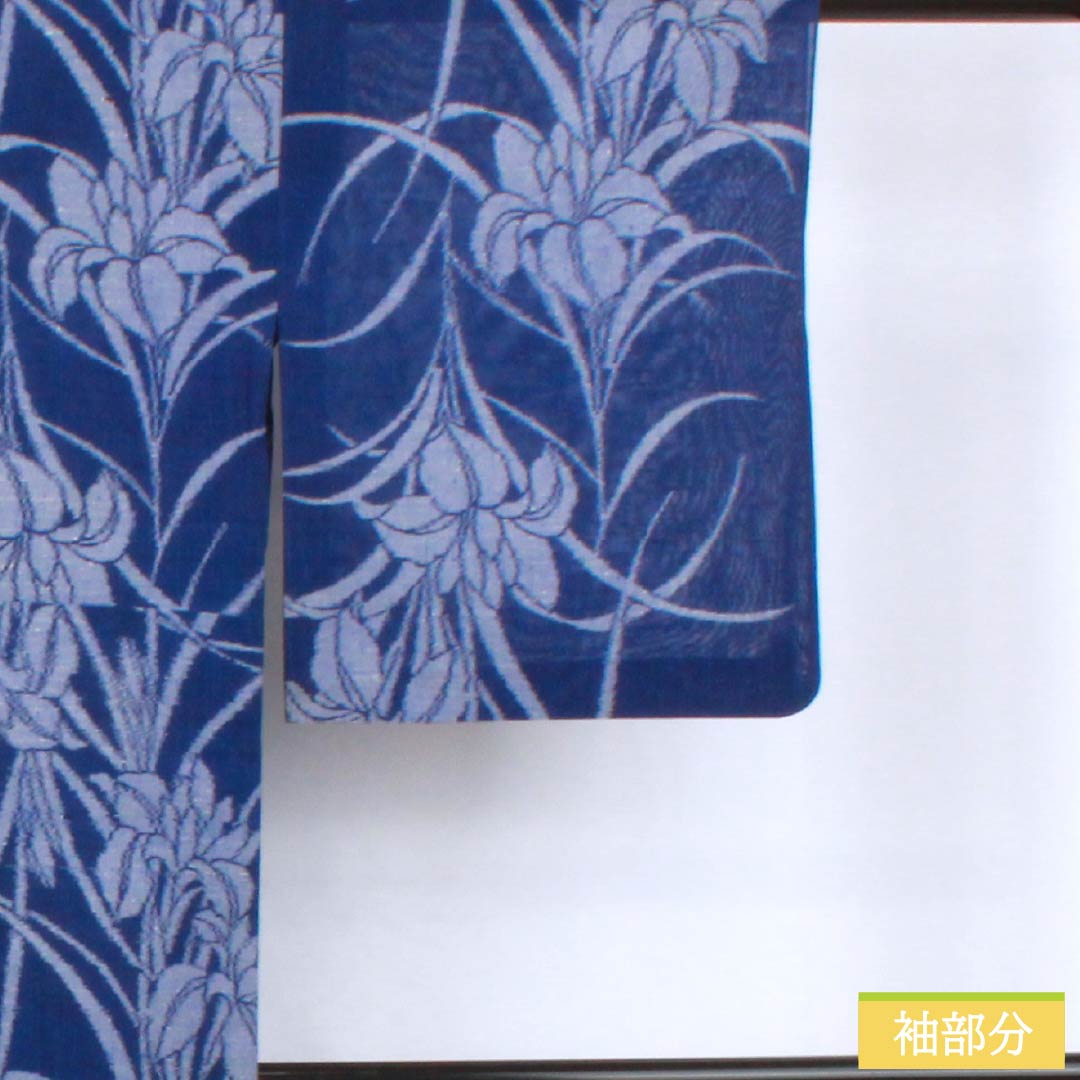 Summer pure silk tsumugi kimono, length 151cm, sleeve length 62.5cm, navy blue with iris and gauze, A-rank, blue, 1132002813217