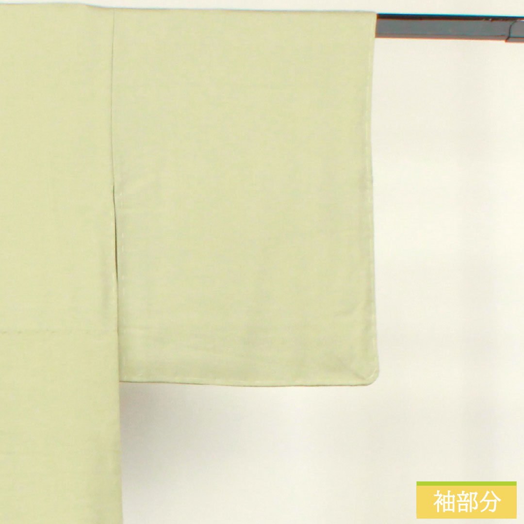 彩色留袖、纯丝、长度152cm、袖长63cm、里料、黄绿色和灰色、寿编织、山水纹、一个纹章、五葫芦和中国花图案圆圈、附缝纫线、未使用、S级、绿色、1111001342219