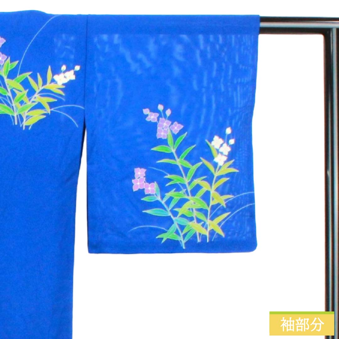 夏物 正絹 訪問着 Aランク 身丈157.5cm 裄丈64cm 瑠璃色(るりいろ) 付下げ 草花模様 京友禅 絽 青系 1132003753317