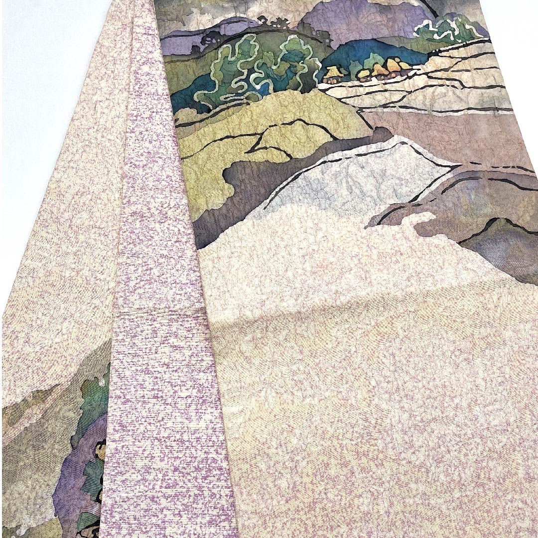 袋帯 薄桜色(うすざくらいろ) 風景画 染め帯 帯丈440.5cm 正絹 Bランク 六通 カジュアル ピンク系 1123005554313