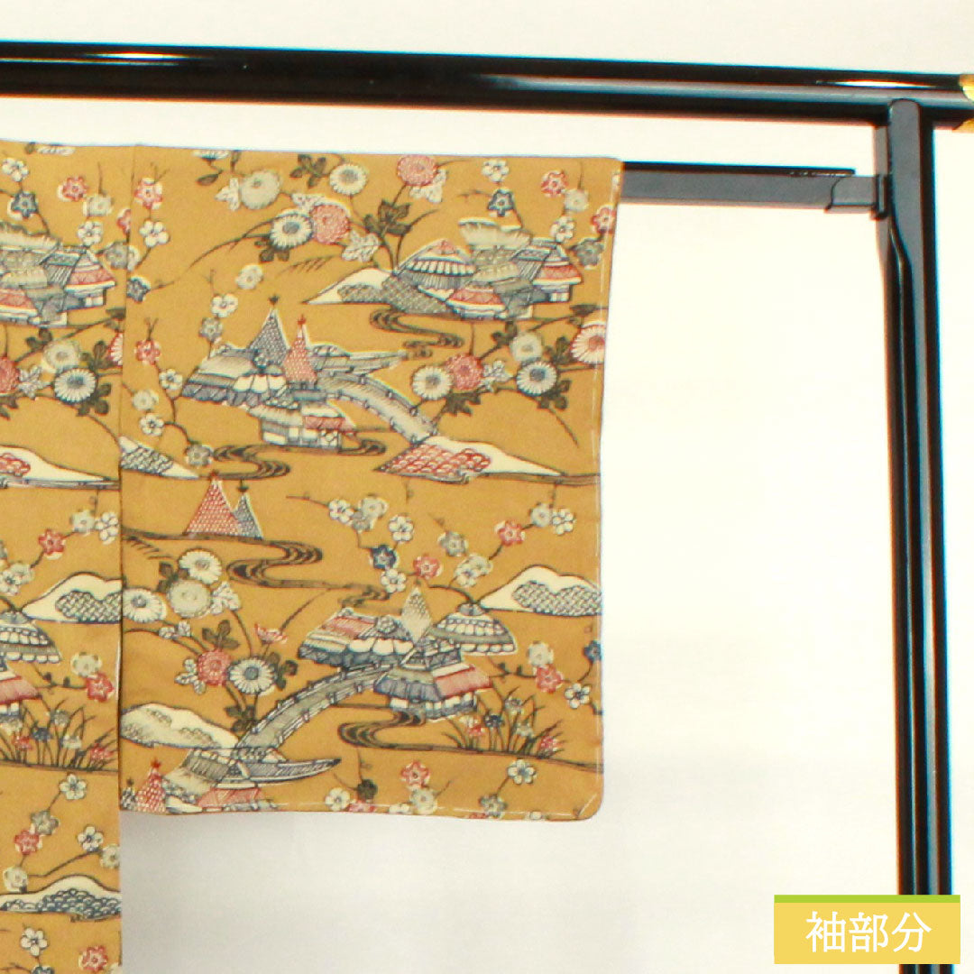 小紋 正絹 身丈154.5cm 裄丈67cm 袷 猟虎色 京紅型 茶屋辻 しつけ糸付き Sランク 茶系 1115003702214