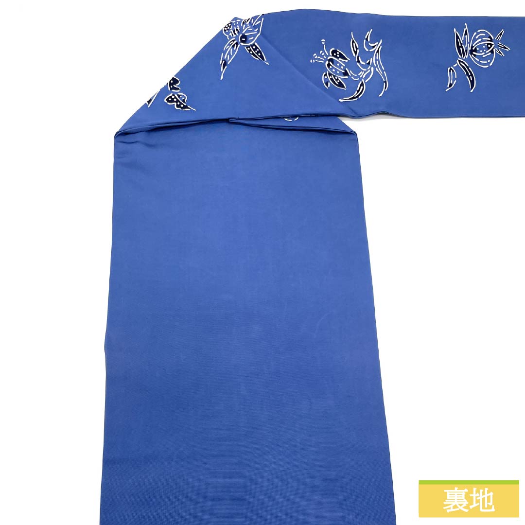Nagoya Obi, Pure Silk, Grade A, Tsuyukusairo (Dew Grass Green), Stencil Dyed with Bingata-inspired Floral Pattern, 350cm Long, Pointed Pattern, Casual Style, Blue, Product Number: 1124010583317, Nagoya Style