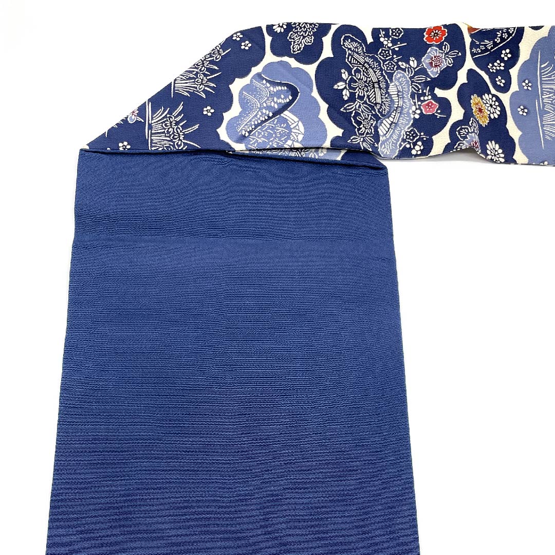 名古屋帯 韓藍色 草花模様 ちりめん地 帯丈337cm 正絹 Bランク ポイント柄 カジュアル 青系 1124004522317 名古屋仕立て