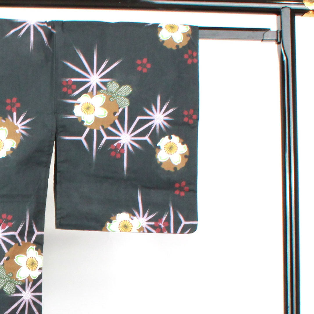 浴衣 雪輪 桜 麻の葉 木綿 Sランク 単衣 身丈164.5cm 裄丈64cm 黒系 1118002212410