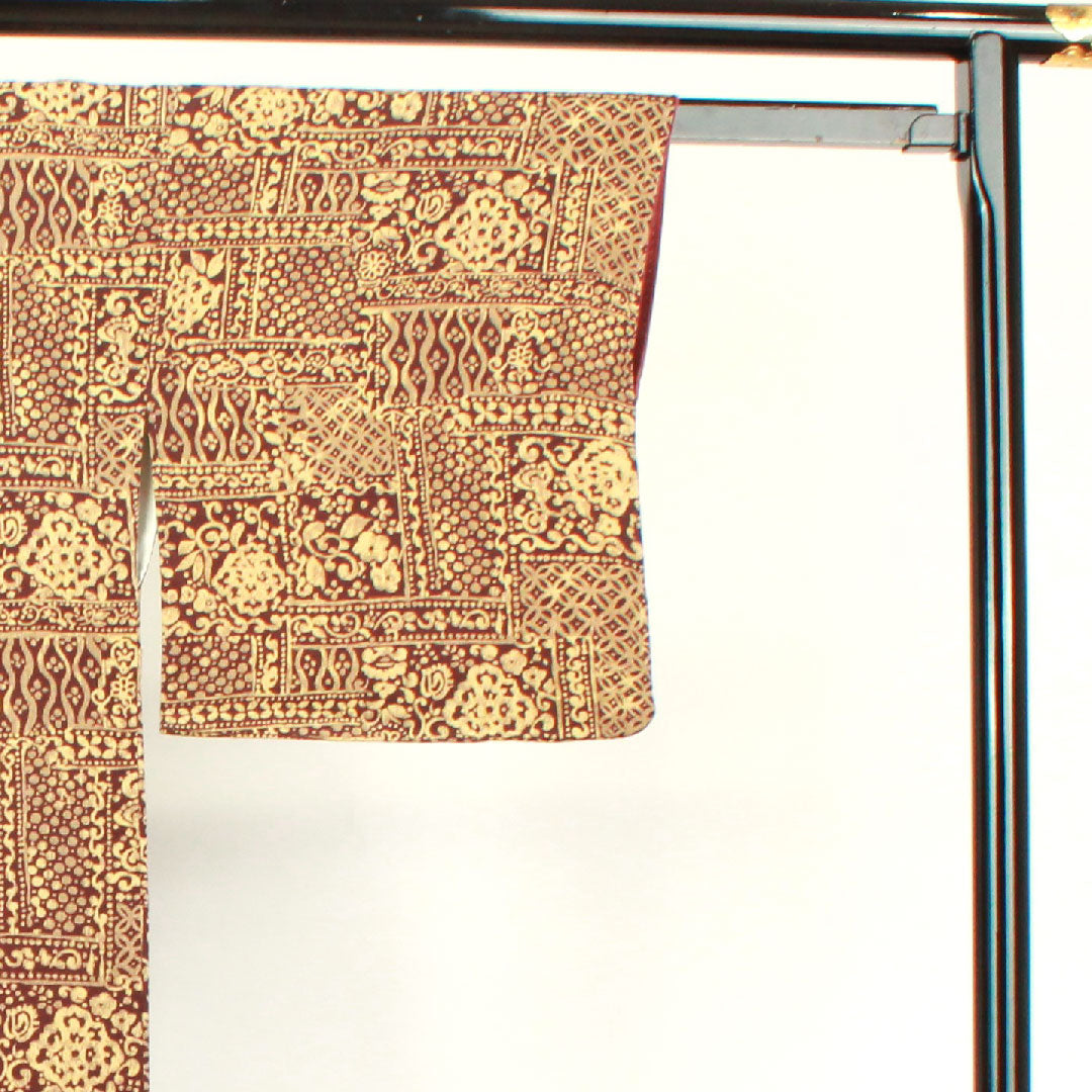 Komon, Length 156cm, Sleeve length 63.5cm, Awase, Iron black, Abstract pattern, Pure silk, S rank, Brown, 1115003422314