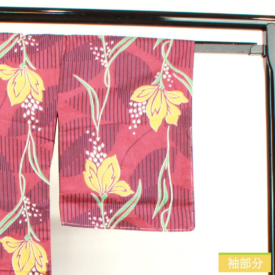 浴衣 木綿 身丈163cm 裄丈66cm Bランク 単衣 赤系 葡萄酒色(ぶどうしゅいろ) 抽象花 1118004774412