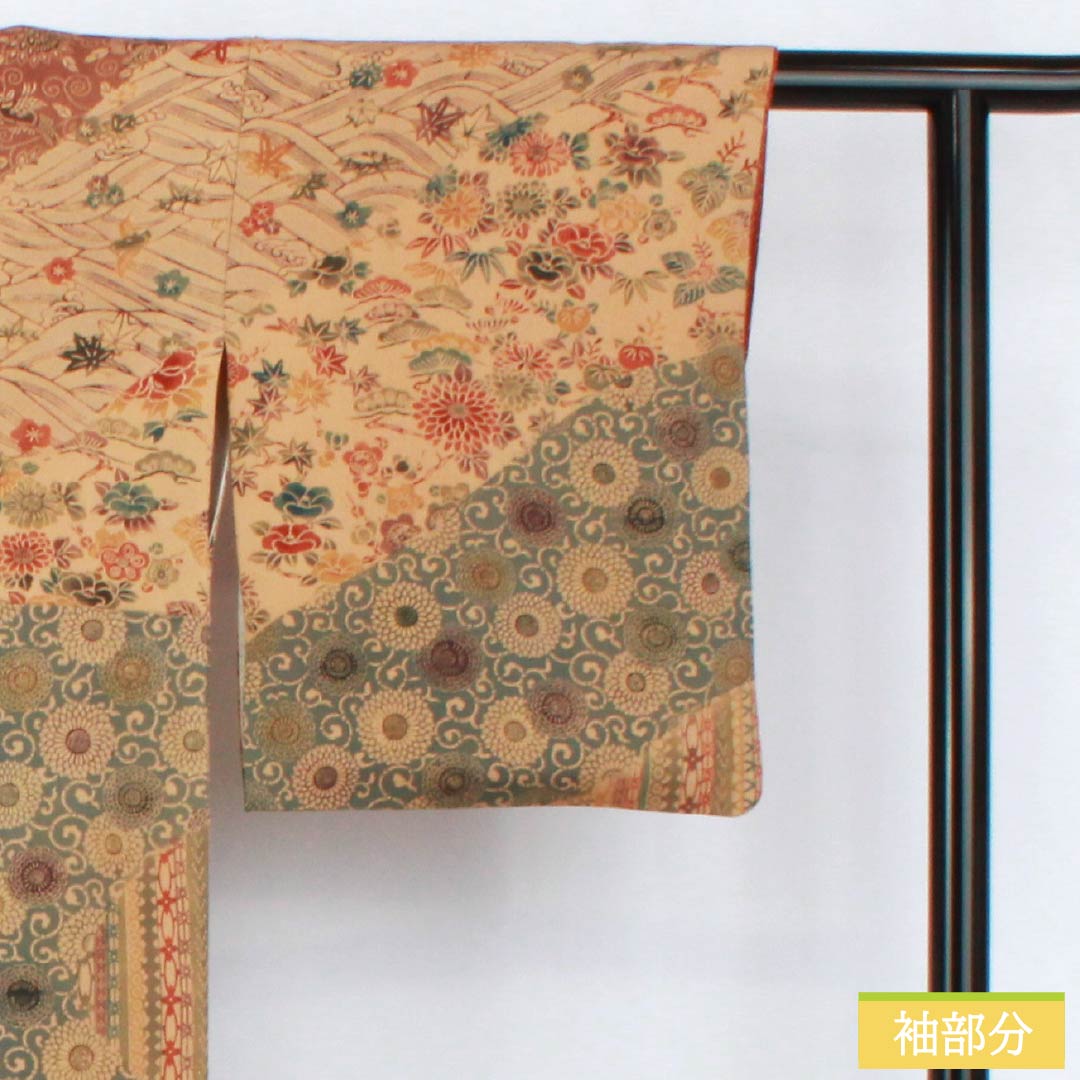 Hōmongi Kimono, Pure Silk, Rank S, Lined, Length 157cm, Sleeve-to-Sleeve 62.5cm, Pale Autumn Leaf Color, Artist-Designed, Kyō-bingata Dyeing, Auspicious Patterns, Pine, Bamboo, Plum, Chrysanthemum, Orange Family, 1112007382326