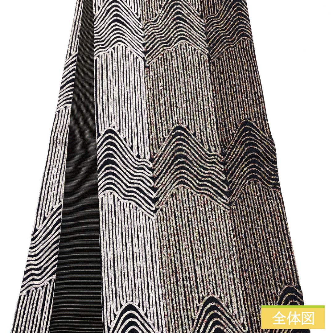 袋帯 正絹 黒色(くろいろ) 無月 刺繍 幾何学模様 帯丈434cm Sランク 全通 セミフォーマル 黒系 1123012152310