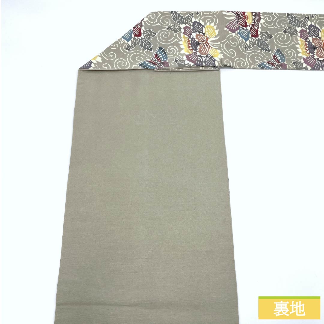 名古屋帯 正絹 Bランク 絹鼠色(きぬねずいろ) 型染 紅型調 牡丹 帯丈347cm 六通 カジュアル グレー系 1124010484322 名古屋仕立て