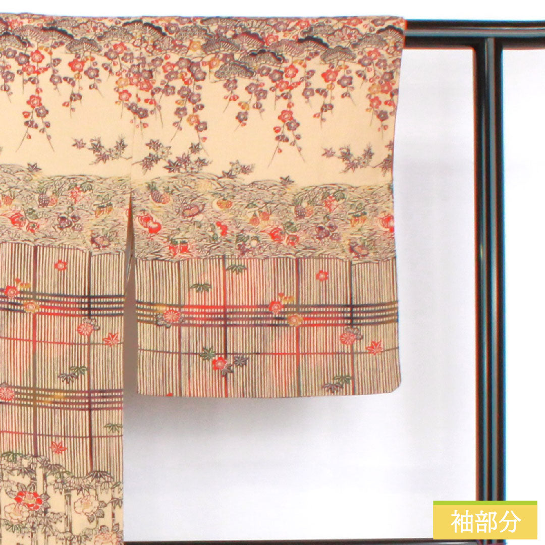 訪問着 正絹 袷 身丈172cm 裄丈64.5cm 松染色(まつぞめいろ) 京紅型 吉祥文様 シルファイン加工 ちりめん地 Sランク ベージュ系 1112005982625