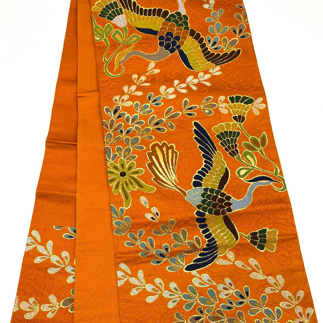 袋帯 人参色(にんじんいろ) 鳳凰 白綾苑大庭 帯丈432cm 正絹 Sランク 六通 フォーマル 橙系 1123008912326
