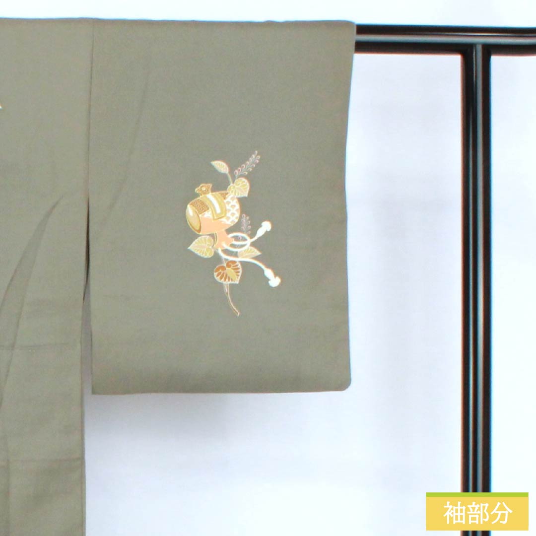 訪問着 正絹 Sランク 袷 身丈155cm 裄丈62.5cm 利休鼠色(りきゅうねずみいろ) 京友禅 付下げ 葵 小槌 スーパー鈴ガード 緑系 1112007212319