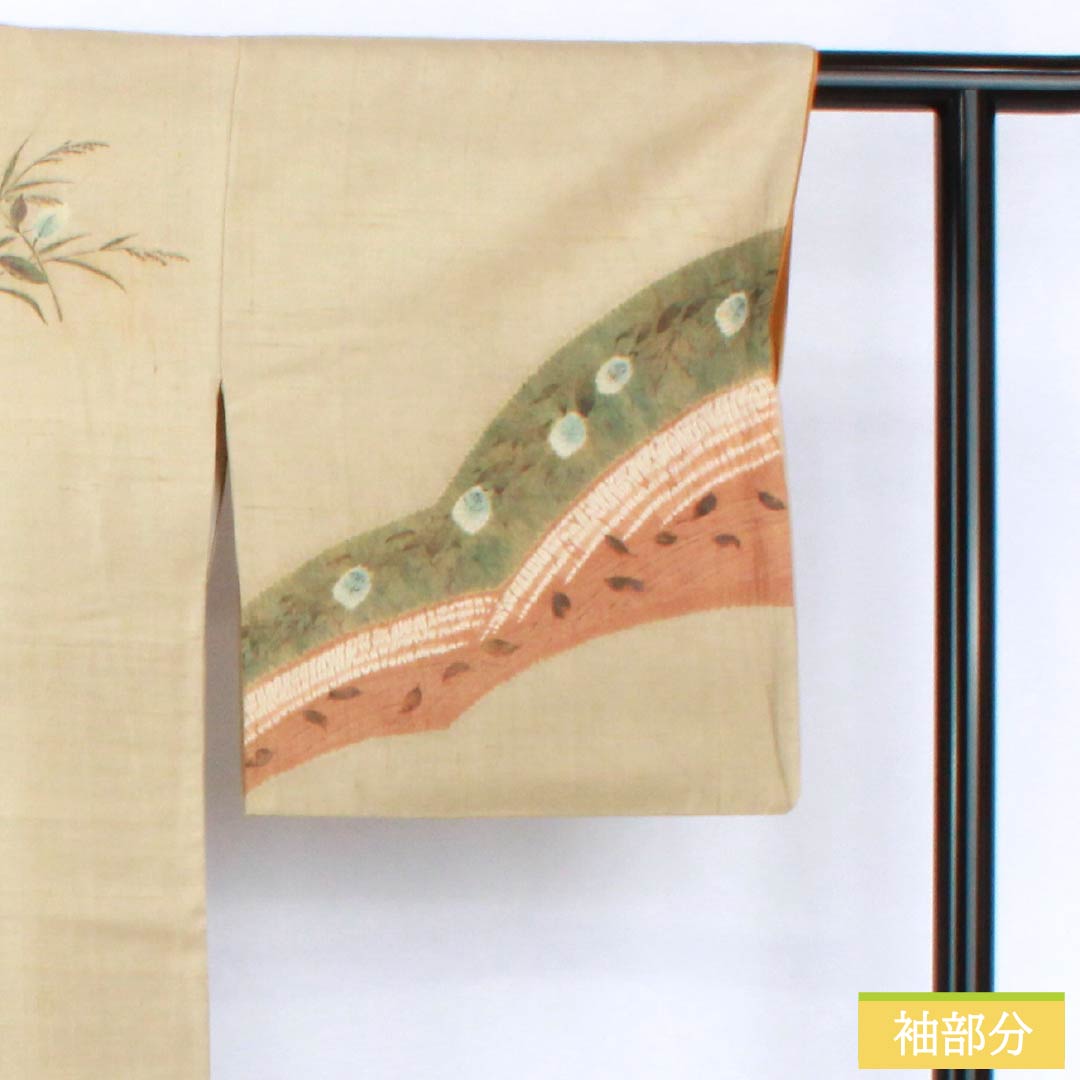 訪問着 正絹 Bランク 袷 身丈160cm 裄丈68cm 亜麻色(あまいろ) 生紬 桶絞り 乾山絞り 伝統工芸作家 吉澤与市 ベージュ系 1112007414425