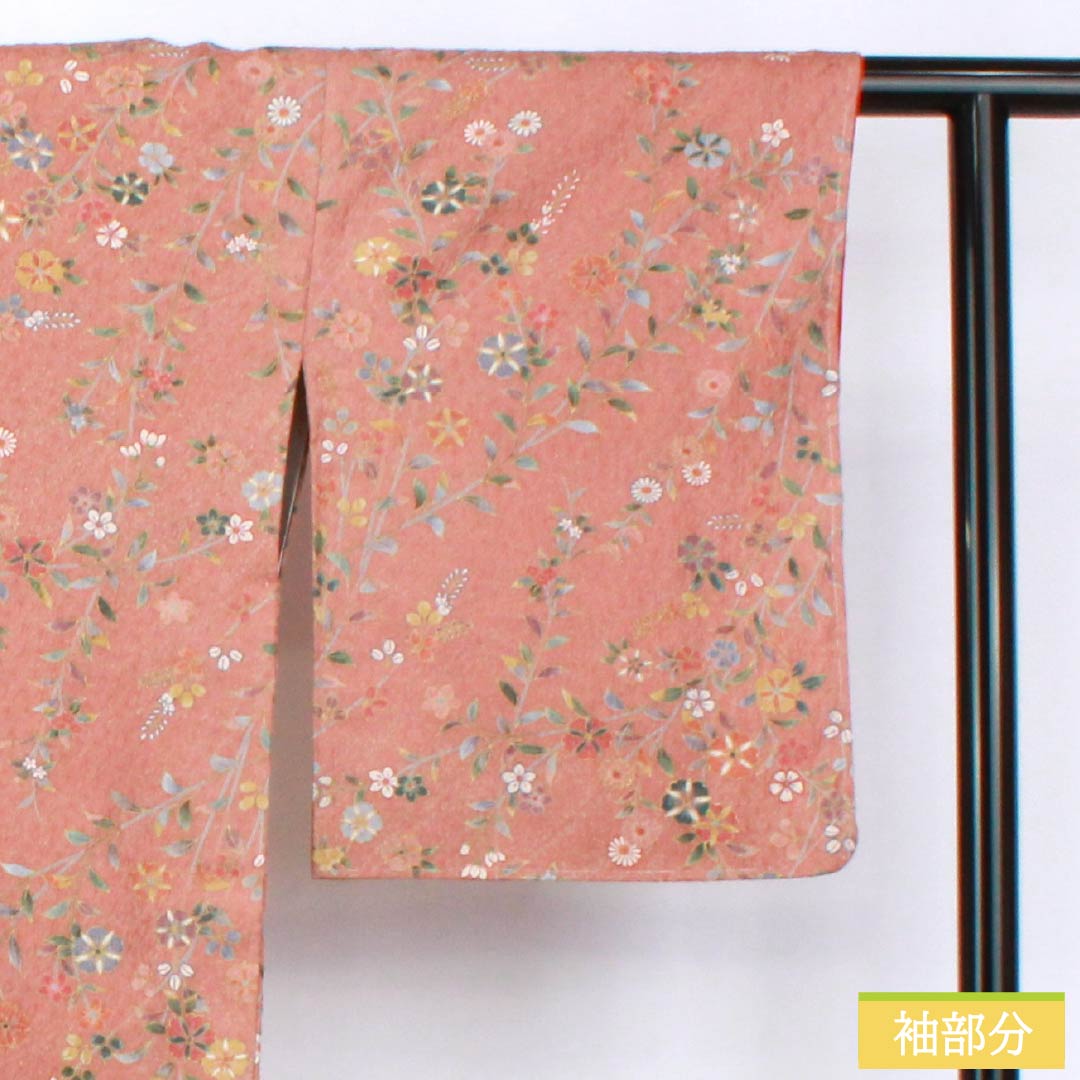 Komon (small pattern) kimono, pure silk, S rank, length 168cm, sleeve length 66cm, lined, light purple (asakura) color, floral pattern, pink with basting thread, product number 1115007152513