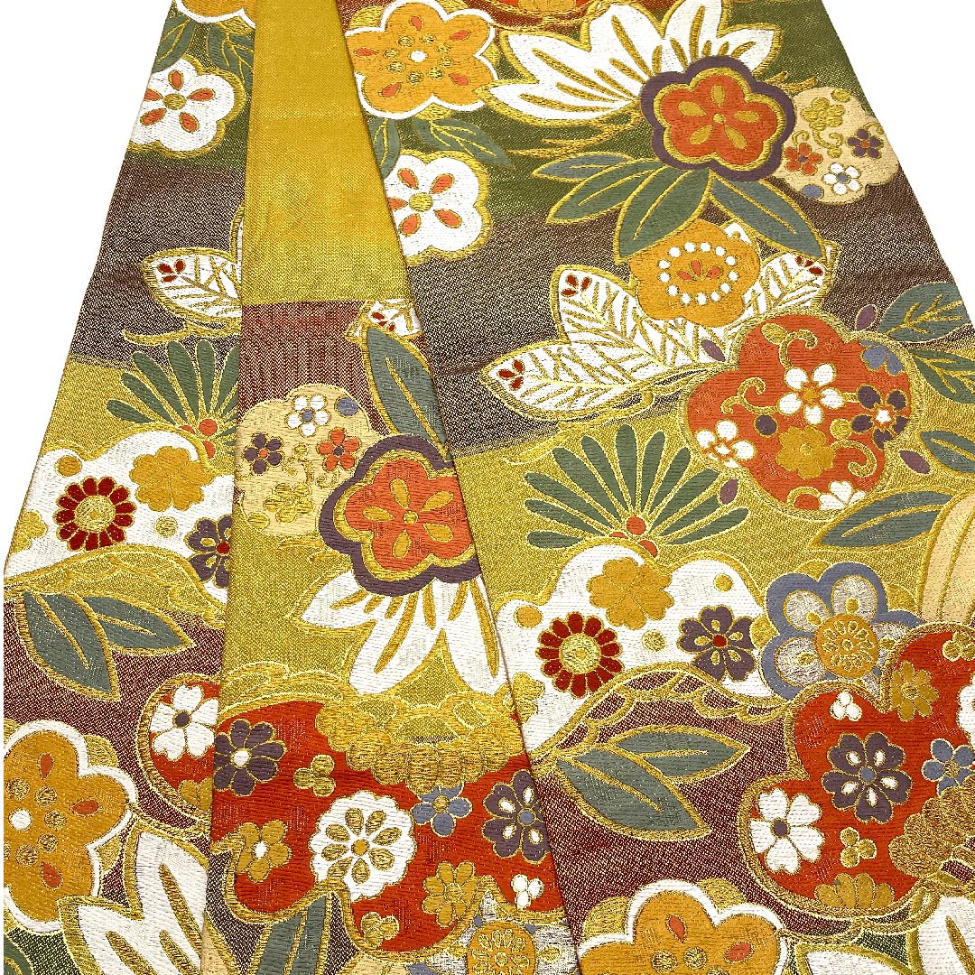 袋帯 振袖用 梅 松 花唐草 帯丈436cm 正絹 Aランク 六通 フォーマル グラデーション系 1123006183399