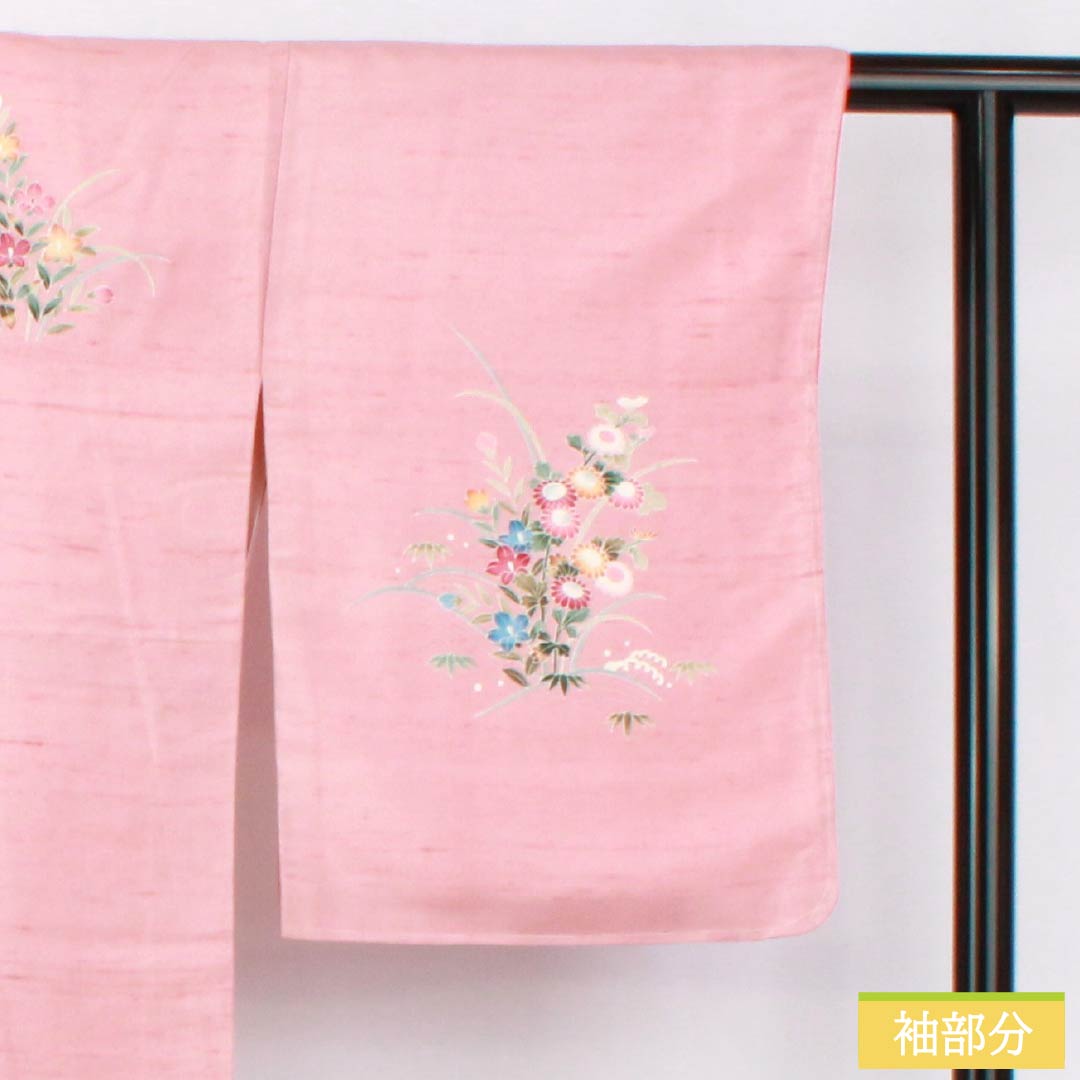 訪問着 正絹 Bランク 袷 身丈167cm 裄丈66cm 似桃色(にせももいろ) 牛首紬 京加賀友禅 付下げ 作家物 草花 ピンク系 1112007544513