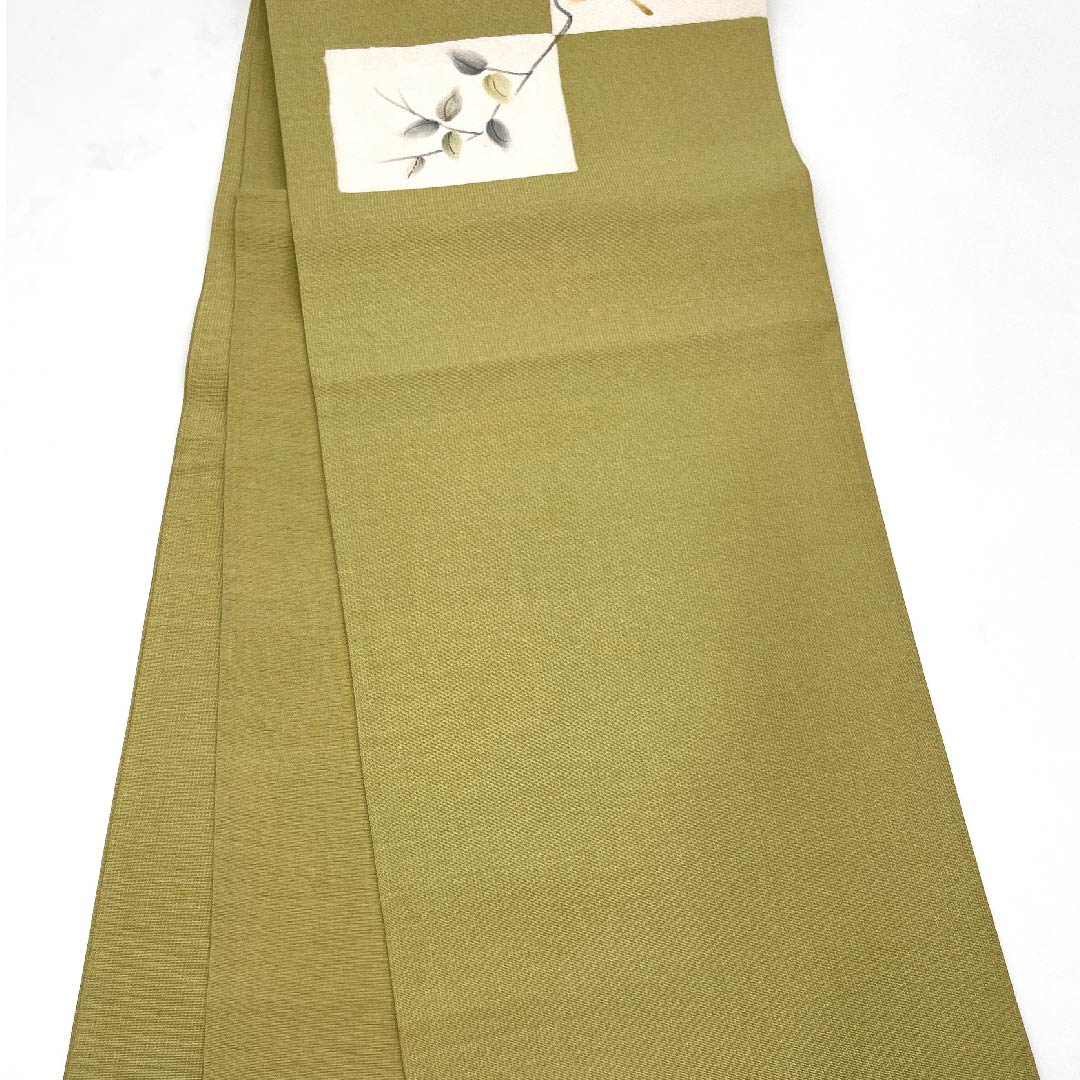 袋帯 梨子色(なしいろ) とんぼ 桔梗 染め帯 帯丈456cm 正絹 Aランク ポイント柄 カジュアル 緑系 1123008863419