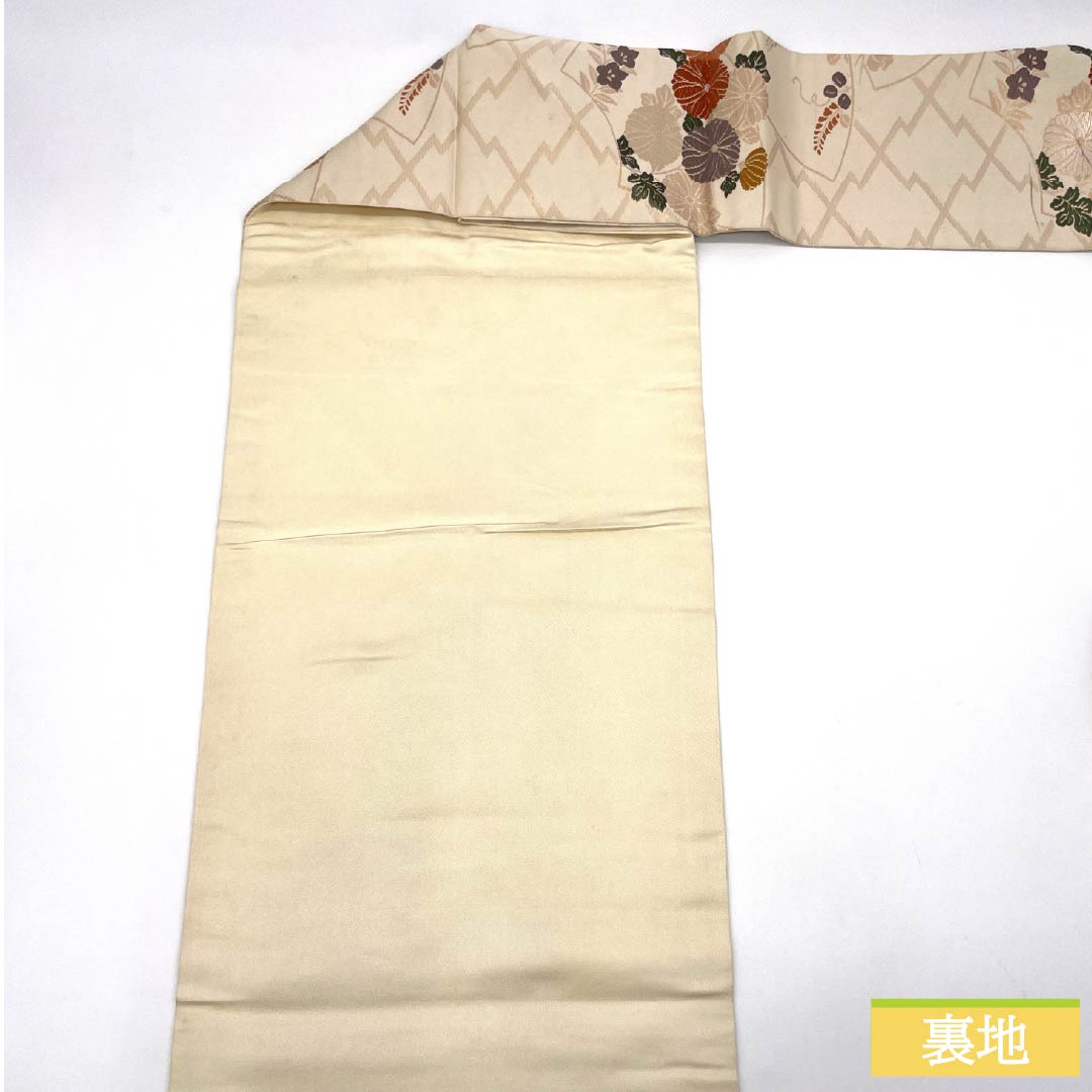 Nagoya Obi, Off-White (Kinari-iro), Fan Pattern, Chrysanthemum, and Camellia Design, 351cm Long, Pure Silk, Grade B, Six-Ply, Semi-Formal, Cream-Tone, Item Number: 1124008924315, Nagoya Style