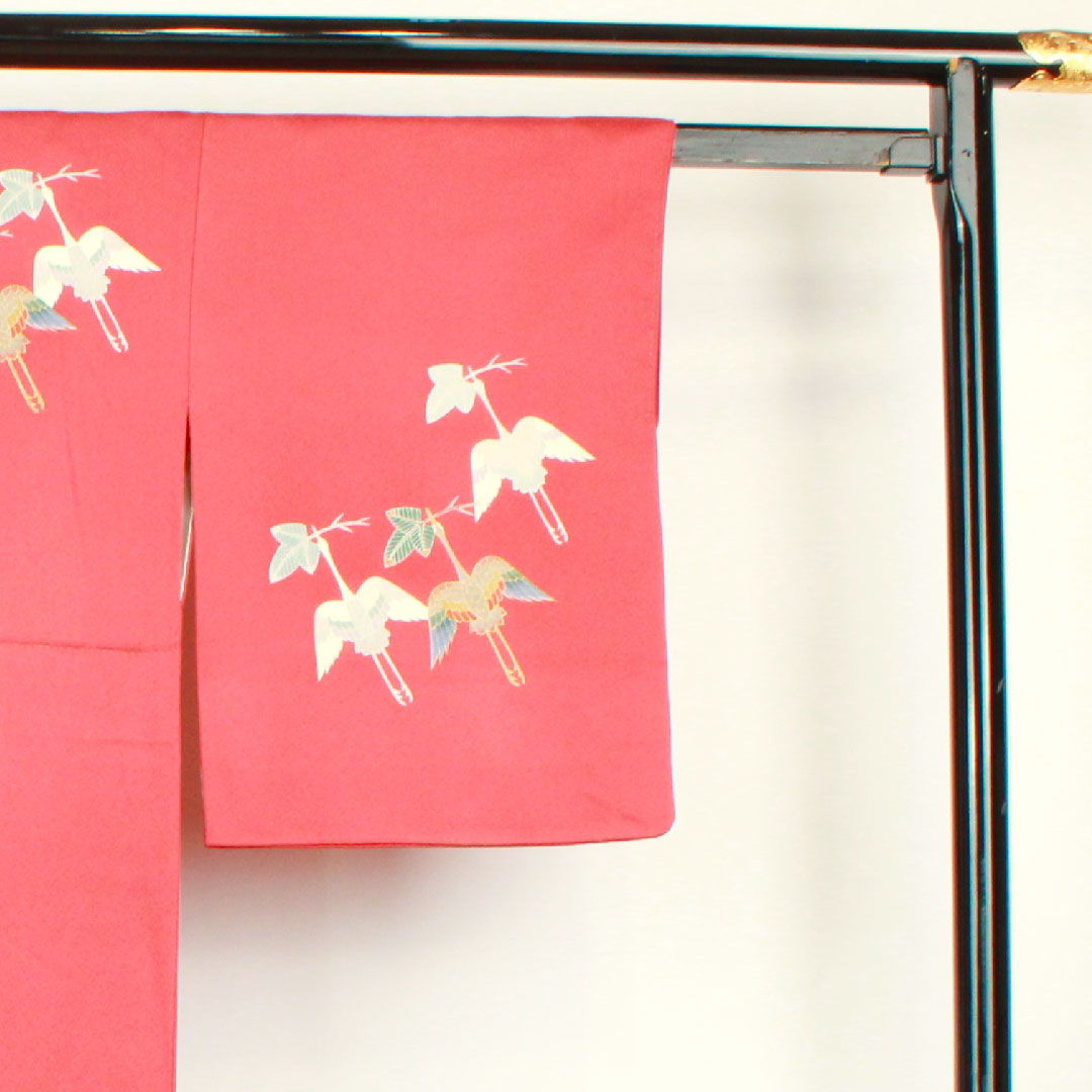 Homongi, lined, length 155cm, sleeve length 59cm, crimson silk, Kyo-Yuzen, crane, pure silk, A rank, red, 1112001863312