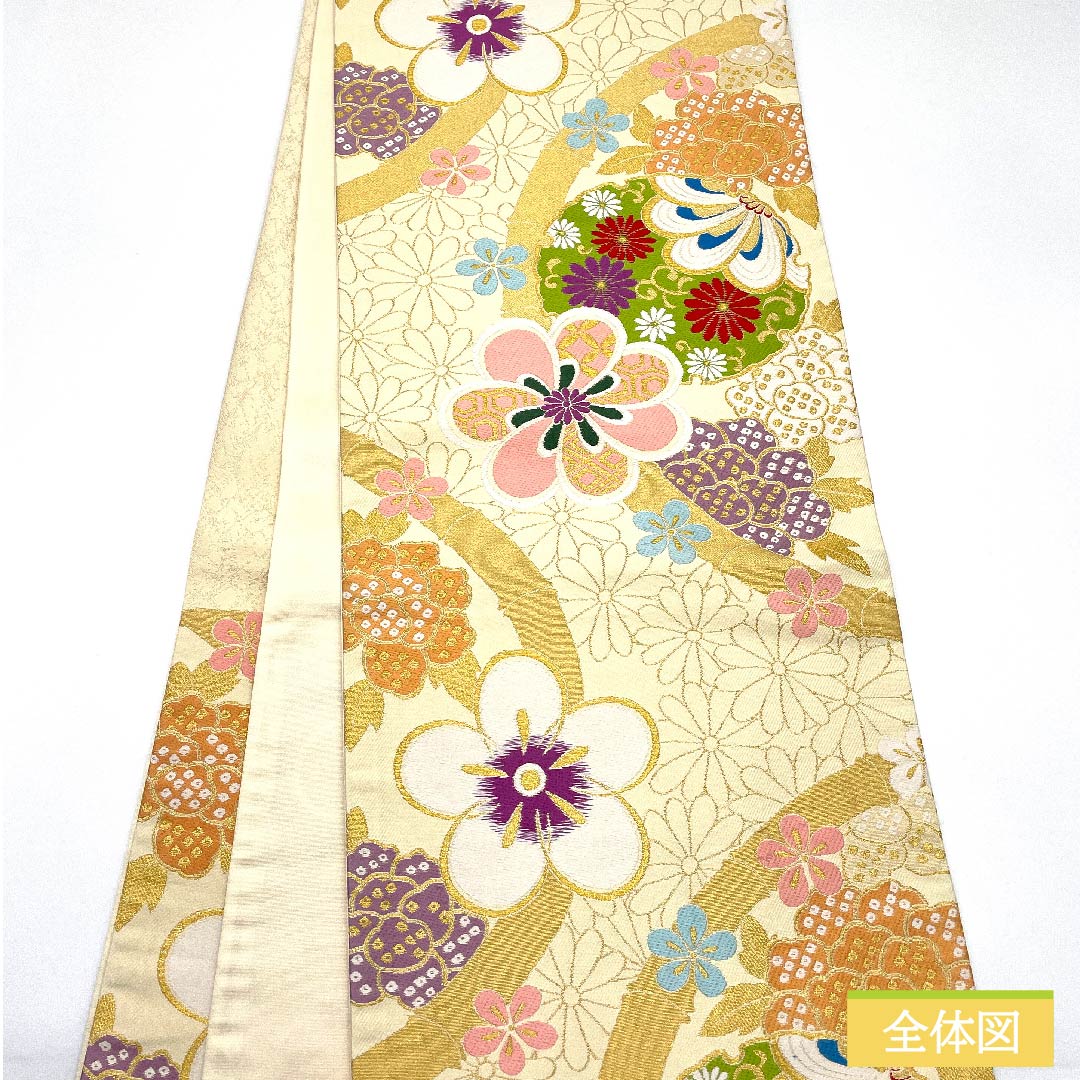 袋帯 正絹 生成り色(きなりいろ) 梅 菊 七宝 花唐草 帯丈434cm Sランク 六通 フォーマル クリーム系 1123011712315