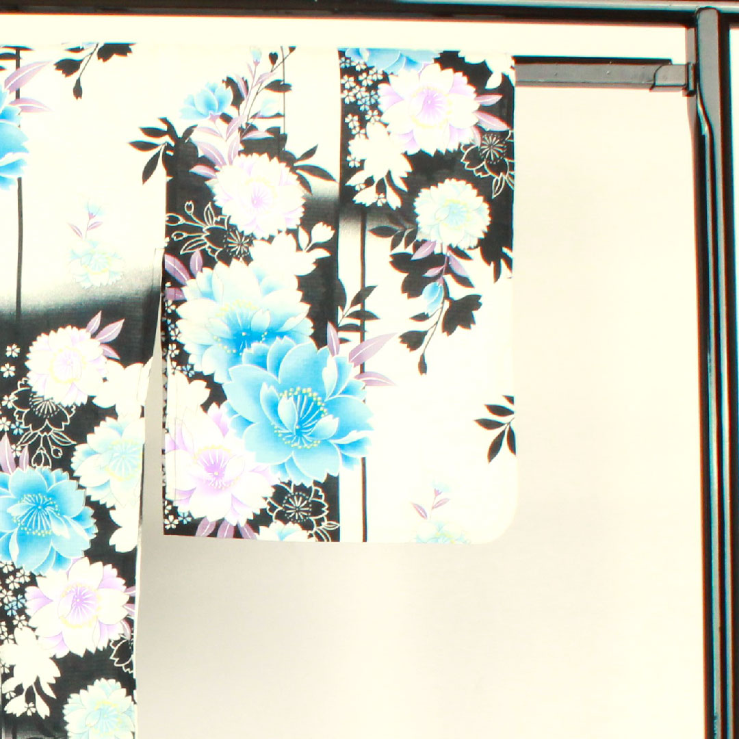 浴衣 モノトーン 桜 市松 木綿 Sランク 単衣 身丈161cm 裄丈65.5cm グラデーション系 1118001572499