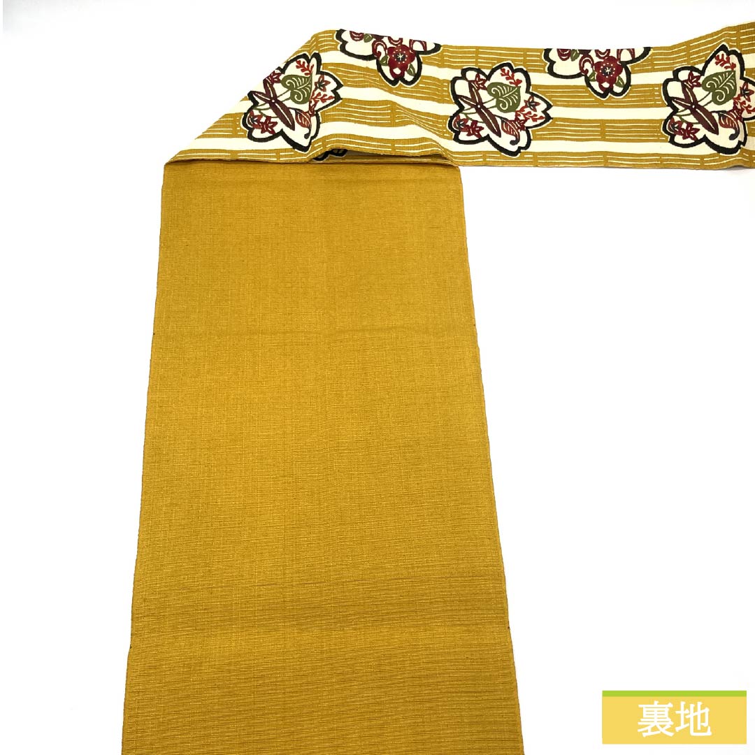 Nagoya Obi, Pure Silk, Grade A, Dark Egg-Colored, Stencil-Dyed, Tsumugi Fabric, Cherry Blossom Design, Length 365cm, Six-Ply, Casual, Yellow, Product Number 1124009303323, Nagoya Style