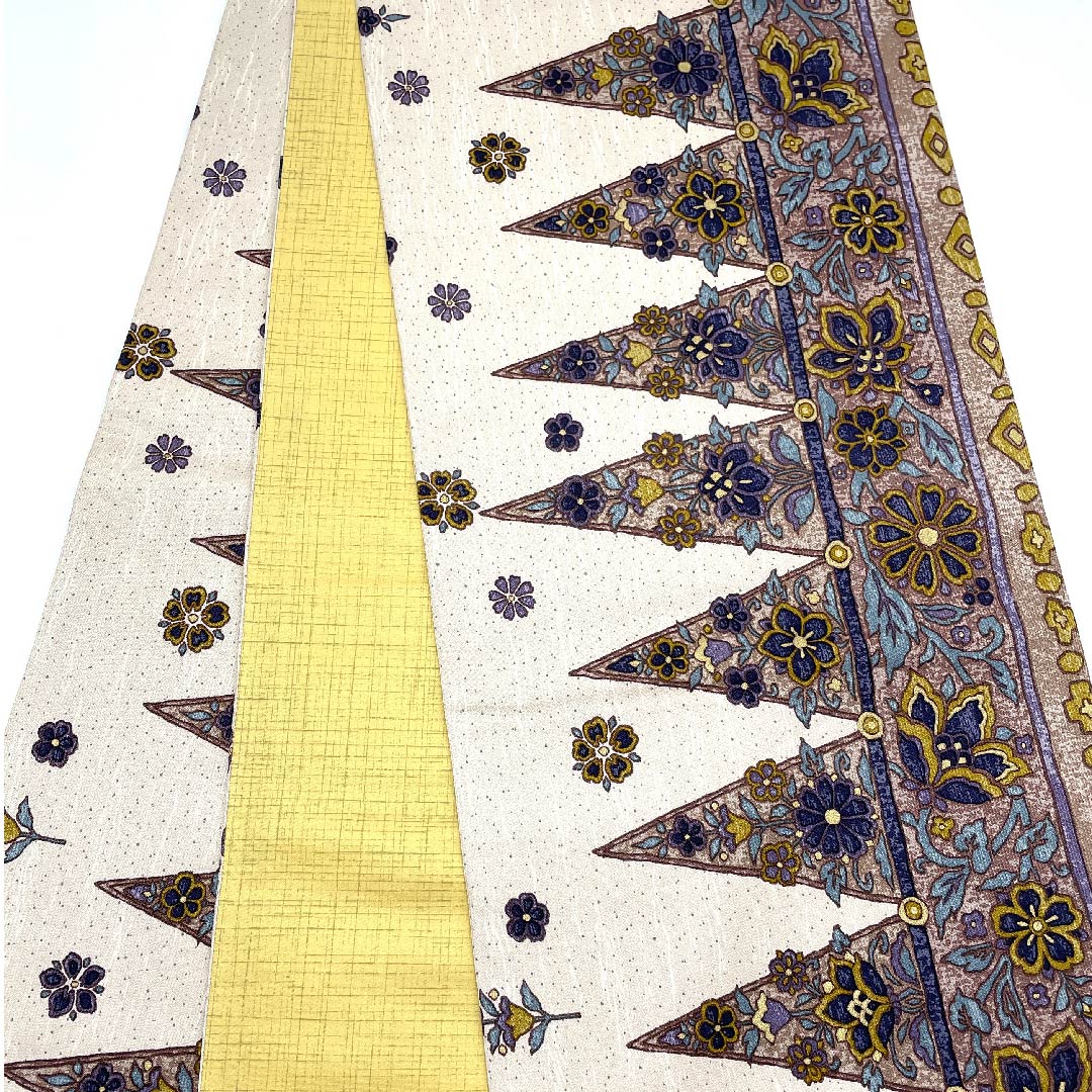 袋帯 翁茶色(おきなちゃいろ) 花更紗 幾何学模様 帯丈457cm 正絹 Aランク 六通 カジュアル ピンク系 1123007183413