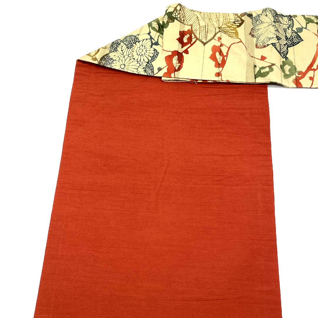 Nagoya obi, fish roe yellow, autumn leaves, pine, bamboo and plum, retro, obi length 376cm, pure silk, S rank, six-pass, casual, beige, 1124004742325, Nagoya style