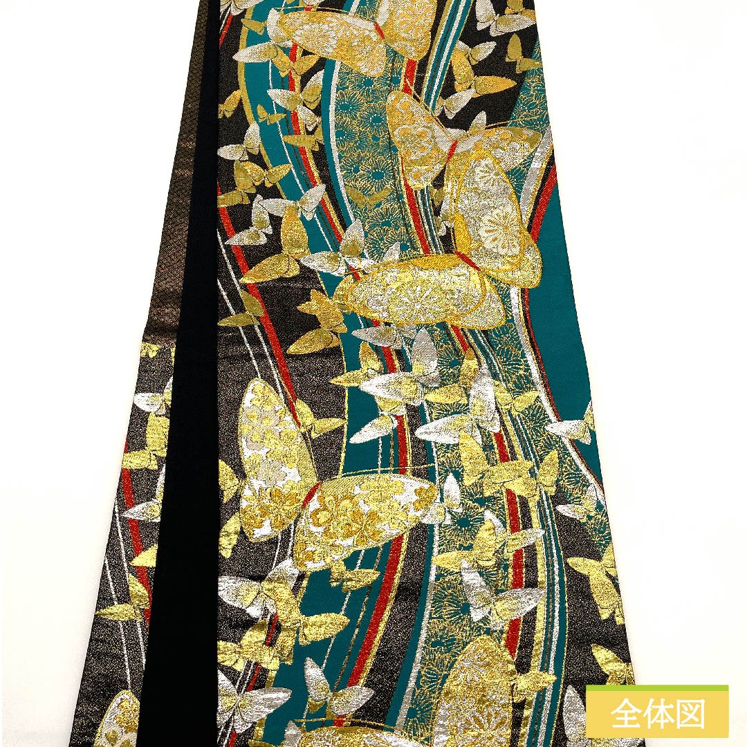 袋帯 正絹 碧色色(へきしょくいろ) 蝶 菊 桜 帯丈426cm Sランク 六通 フォーマル 緑系 1123011982319